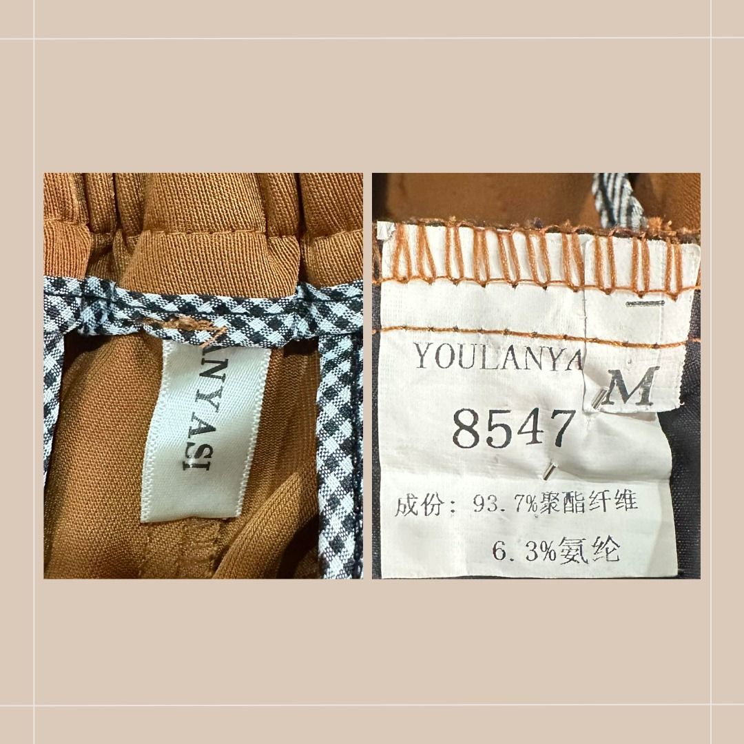 Pre-loved Youlanyasi Rust Brown Pants - Size M (Category: Jeans) located in Quezon City. Submitted by simpleretiree (Listing ID 1406872843, Image 3). Description: This pre-loved pair of Youlanyasi rust-brown pants is in excellent condition. It has the following features: - Closure: Button and zipper - Features: Elastic waistband at the back, with 2 side pockets and 2 back pockets - Material: 93.7% polyester, 6.3% spandex Measurements: Waist: 25" 