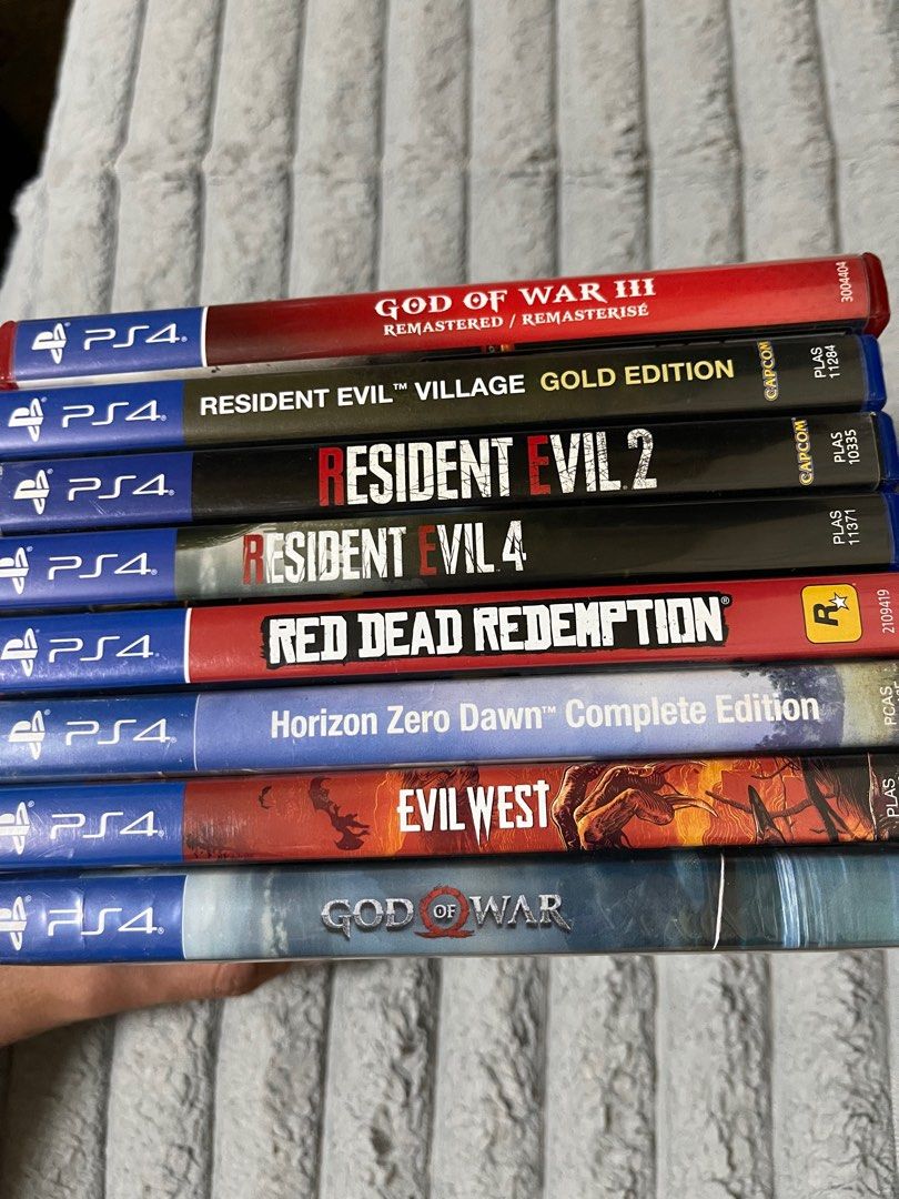 PS4 Games (Category: PlayStation) located in Manila. Submitted by genesisug30065 (Listing ID 1406945145, Image 1). Description: Resident Evil Vill Gold ed- 1500 Resident Evil 2- 800 Resident Evil 4- 1800 Rdr 1- 2000 God Of War 4-800 God Of War 3 Remastered-700 Evil West - 1300 Horizon Zero Dawn CE-700 .