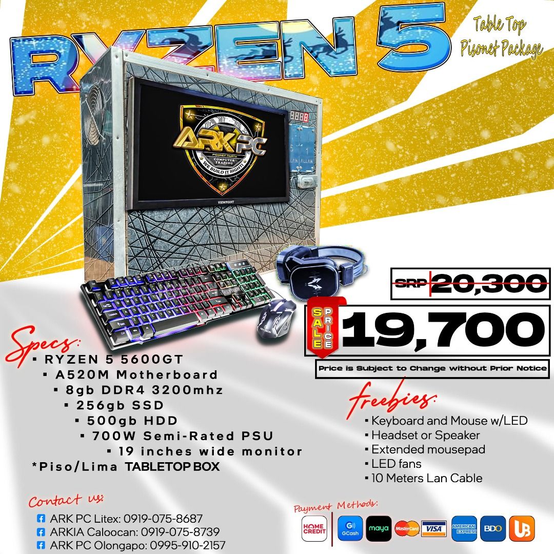 Ryzen 5 5600GT Desktop PC (Category: Desktops) located in Quezon City. Submitted by corrinejil63041 (Listing ID 1406844635, Image 3). Description: Ryzen 5 5600gt Complete Set for Sale! From System Unit to Pisonet Package!! Ready to Use, Ready to Earn! ✨✨ Grab your computer set now! ✨✨ at may PROMO pa kami! 😮 sa Bawat purchase, may chance kang MANALO ng isang COMPLETE COMPUTER SET! Tara na‼️ ➖➖➖➖➖➖➖➖➖➖ 📍 Store Locations: ✅ ARK PC Litex - 14 Lite