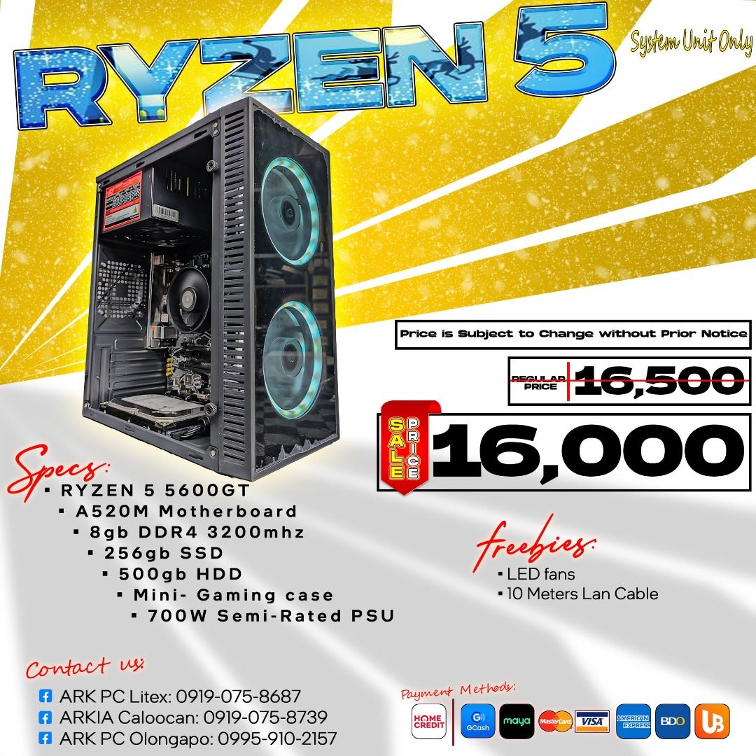 Ryzen 5 5600GT Desktop PC (Category: Desktops) located in Quezon City. Submitted by corrinejil63041 (Listing ID 1406844635, Image 1). Description: Ryzen 5 5600gt Complete Set for Sale! From System Unit to Pisonet Package!! Ready to Use, Ready to Earn! ✨✨ Grab your computer set now! ✨✨ at may PROMO pa kami! 😮 sa Bawat purchase, may chance kang MANALO ng isang COMPLETE COMPUTER SET! Tara na‼️ ➖➖➖➖➖➖➖➖➖➖ 📍 Store Locations: ✅ ARK PC Litex - 14 Lite