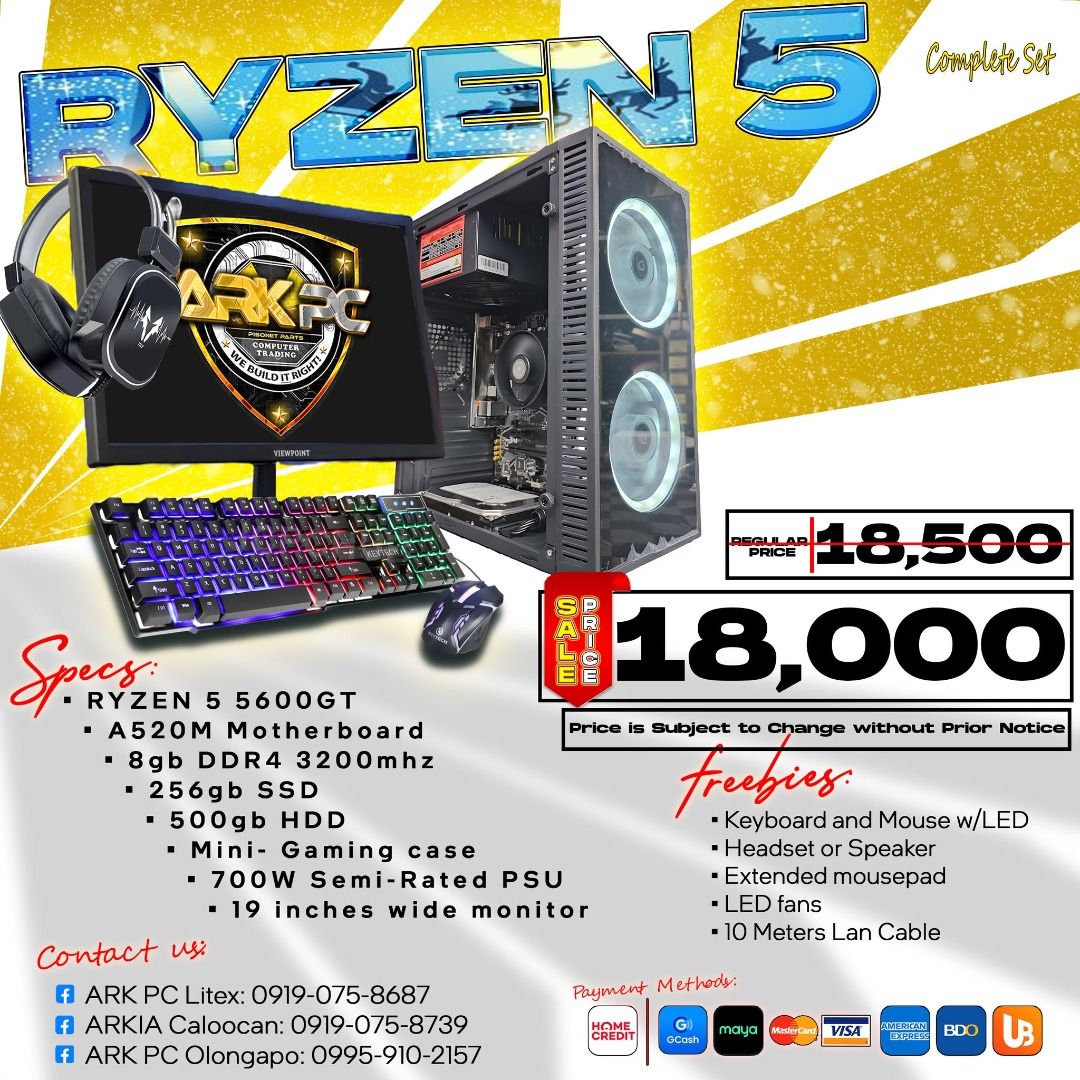Ryzen 5 5600GT Desktop PC (Category: Desktops) located in Quezon City. Submitted by corrinejil63041 (Listing ID 1406844635, Image 2). Description: Ryzen 5 5600gt Complete Set for Sale! From System Unit to Pisonet Package!! Ready to Use, Ready to Earn! ✨✨ Grab your computer set now! ✨✨ at may PROMO pa kami! 😮 sa Bawat purchase, may chance kang MANALO ng isang COMPLETE COMPUTER SET! Tara na‼️ ➖➖➖➖➖➖➖➖➖➖ 📍 Store Locations: ✅ ARK PC Litex - 14 Lite
