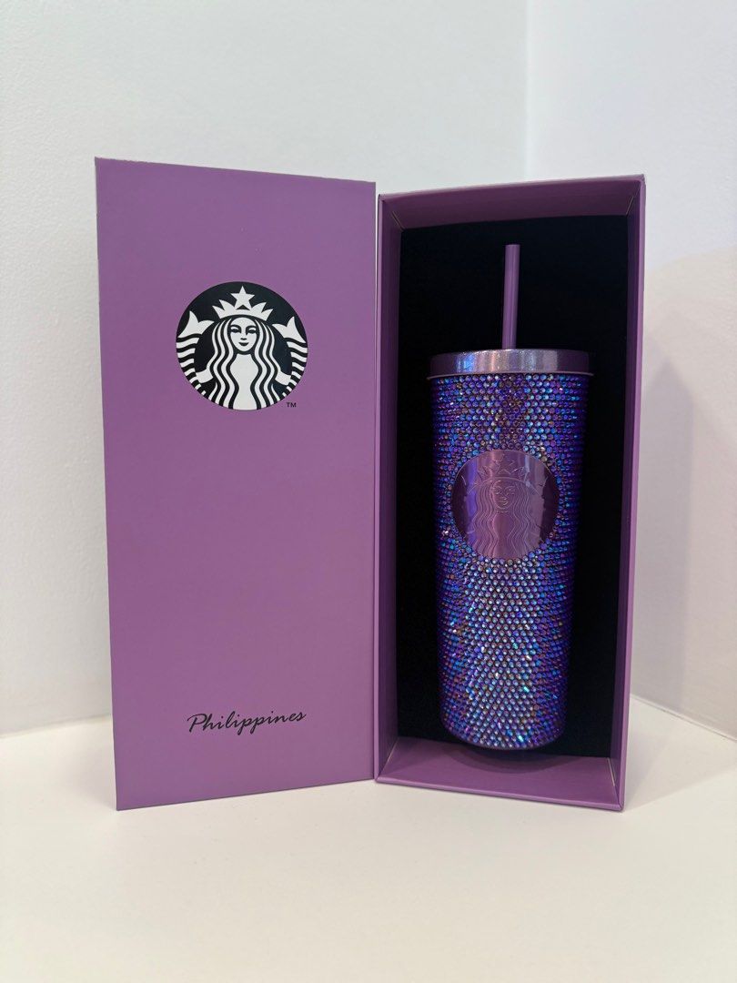 Starbucks Philippines purple Rhinestone Cold cup (Category: Water Bottles & Tumblers) located in Manila. Submitted by hemnl (Listing ID 1406900730, Image 1). Description: - Starbucks Philippines tumbler - Iridescent crystal design - Includes matching straw - Comes in a purple Starbucks box - Limited edition - Great for collectors or gifts.