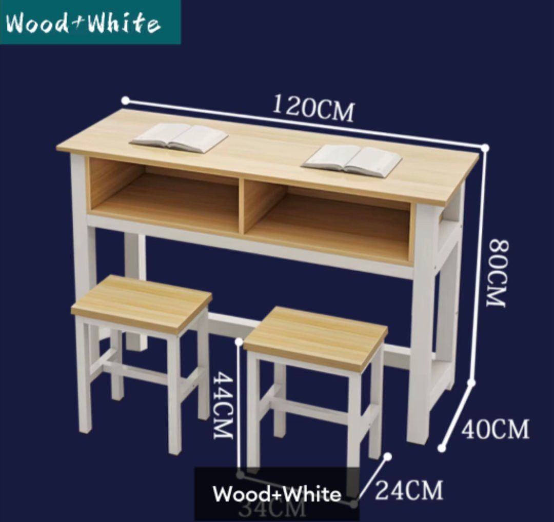 Study Table with 2 Stools (Category: Tables & Sets) located in Manila. Submitted by nhi_nin (Listing ID 1406879459, Image 3). Description: Study table set includes a table with a shelf and two matching stools. The table is 120cm long, 80cm high, and 40cm wide. The stools are 44cm high, 34cm wide, and 24cm deep. Available in Wood+Black, Wood+White, and White+Black color combinations. Perfect for students or anyone needing a compact workspace..