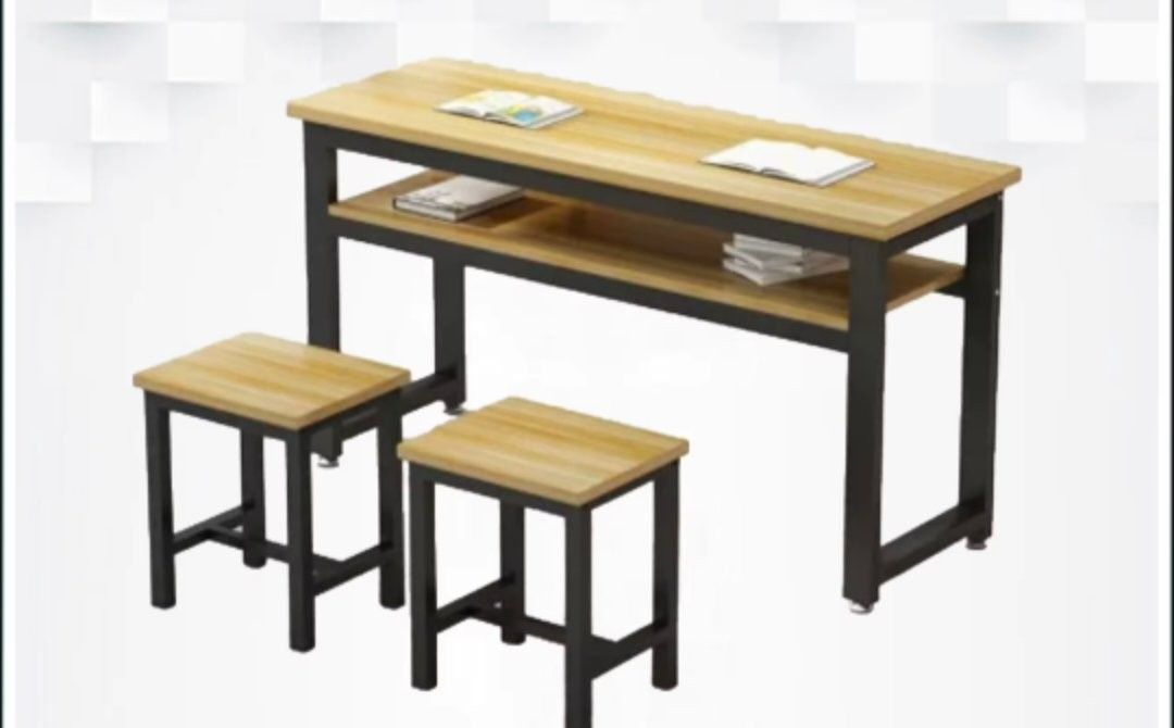 Study Table with 2 Stools (Category: Tables & Sets) located in Manila. Submitted by nhi_nin (Listing ID 1406879459, Image 1). Description: Study table set includes a table with a shelf and two matching stools. The table is 120cm long, 80cm high, and 40cm wide. The stools are 44cm high, 34cm wide, and 24cm deep. Available in Wood+Black, Wood+White, and White+Black color combinations. Perfect for students or anyone needing a compact workspace..
