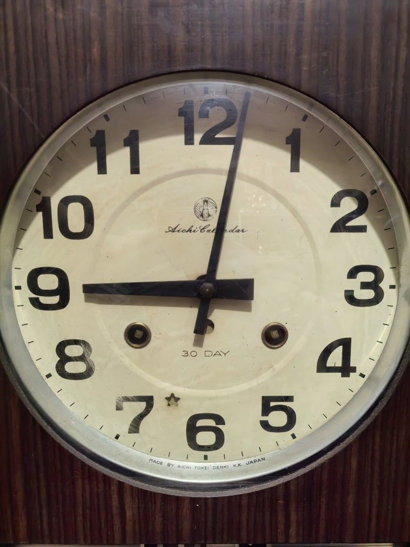 Vintage Mechanical Clock (Category: Clocks) located in Cebu City. Submitted by dudes_villanueva (Listing ID 1406852648, Image 3). Description: Vintage Mechanical Clock Brand: Aichi 📌Calendar Mechanical Clock 📌Working Chime 📌Was not able to run the clock in full test. Minute hand moves during pendulum swing. Sold as is. 📌Body in good condition. 📌Complete with Key L10xW4xH17 inch.