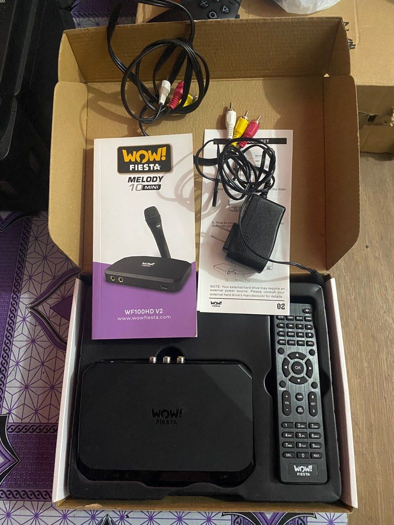 WOW! Fiesta Melody 10 Mini Karaoke System (Category: Soundbars, Speakers & Amplifiers) located in Cavite. Submitted by alvin411 (Listing ID 1406963944, Image 2). Description: Selling WOW Fiesta Melody 10 mini karaoke inclusion 1x WOW Fiesta Melody 10 mini (with box) 1x remote (free battery) 1x power adapter 1x songbook 1x RCA cable 1x wired mic Free 1x HDMI cable 1x RCA to HDMI converter for high definition using HDMI cable RFS: not using anymore
