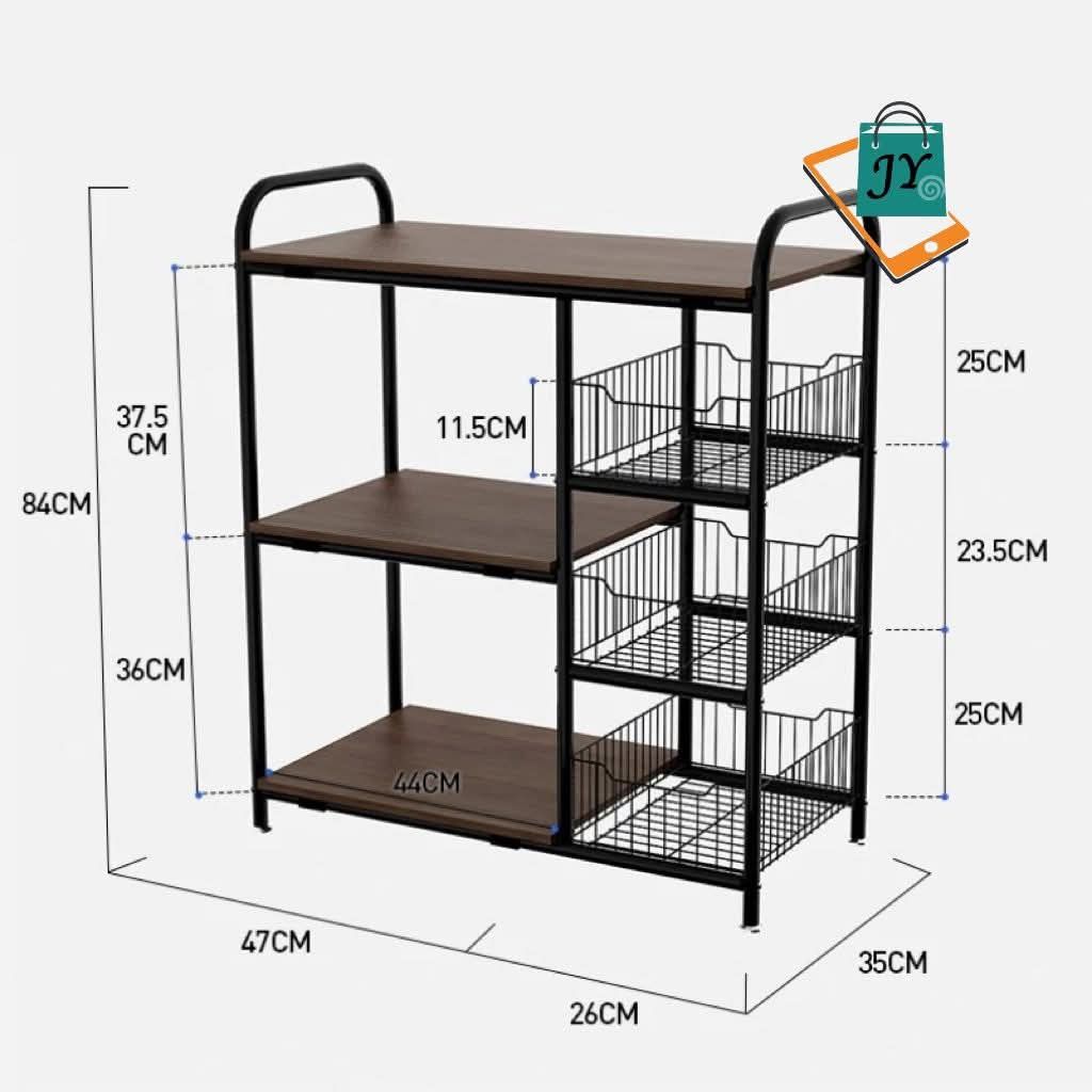 4-Layer Kitchen Storage Rack with Wheels (Category: Storage Boxes & Baskets) located in Manila. Submitted by jelai.cybyb (Listing ID 1402047929, Image 2). Description: Versatile 4-layer storage rack is perfect for organizing your kitchen, living room, bedroom, or study. It features a walnut-colored wood board design with a sturdy black metal frame. Includes three wire baskets for additional storage. The rack is equipped with four wheels for easy 