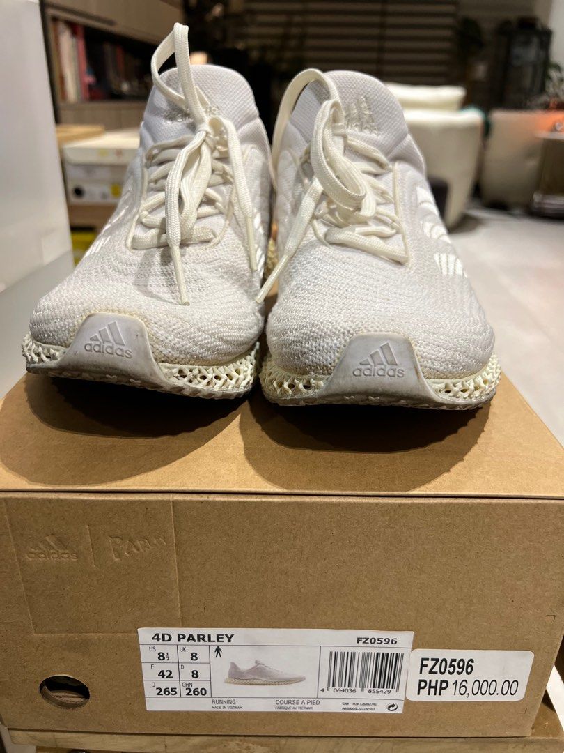 Adidas 4D Parley White (Category: Sneakers) located in Pasig City. Submitted by ryester (Listing ID 1402022886, Image 1). Description: Authentic Adidas 4D Parley FZ0596 Size US8.5 SRP is P 16,000 No issues, just needs cleaning.