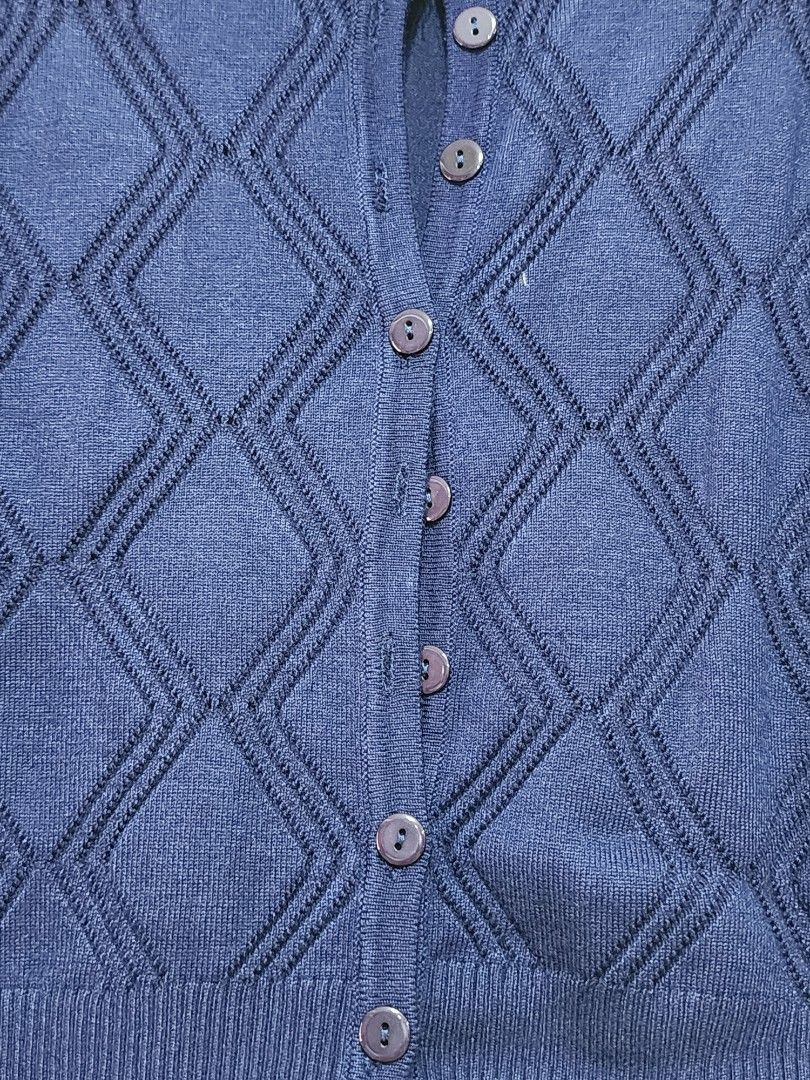 Bayo Navy Blue Cardigan (Category: Coats, Jackets and Outerwear) located in Cabuyao City. Submitted by krzslv (Listing ID 1402067081, Image 3). Description: Navy blue cardigan from Bayo. It features a diamond pattern on the front and a button-up closure. The cardigan has long sleeves and a round neckline. It is a medium size. The back is plain navy blue. The tag is visible in the image..