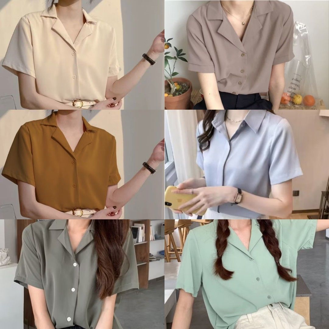 2 for 150 - Short Sleeve Button-Up Blouse (Category: Blouses) located in Pasay City. Submitted by declutter_j (Listing ID 1402031783, Image 1). Description: - 2 for 150 php, buy all for 400 php only (available: dark green, light green, light blue, mustardish yellow, brown, khaki) - except for dark green and light green which are size Large, the rest are size Small) - condition: Like new (some were used once only for an event while some were not w