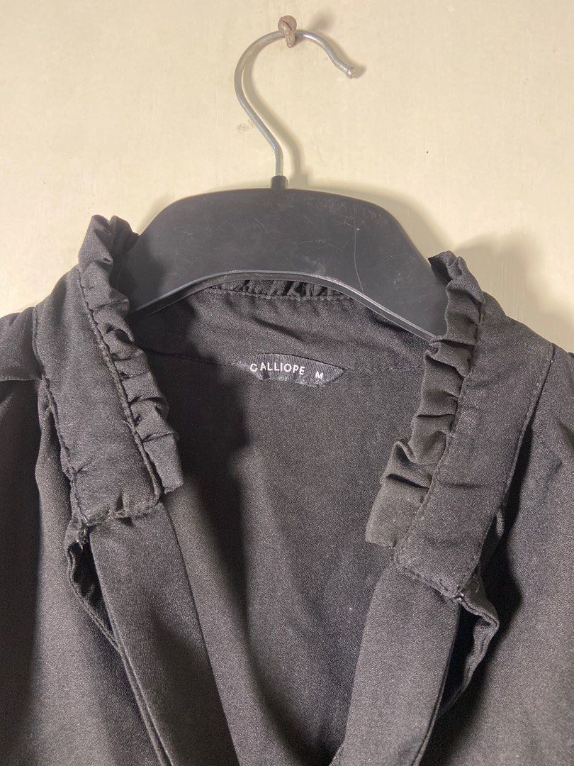 Calliope Black Blouse - Size M (Category: Blouses) located in Batangas. Submitted by dnd_declutter (Listing ID 1401962630, Image 2). Description: - Calliope black blouse - Size: M - Ruffled collar - Long sleeves with buttoned cuffs - V-neckline with tie detail - Plain back - Lightweight fabric « Prices are fixed & fair. -Please keep your expectations in check-Photos & descriptions show the exact condition per Carousell’s standards. « Questions wi