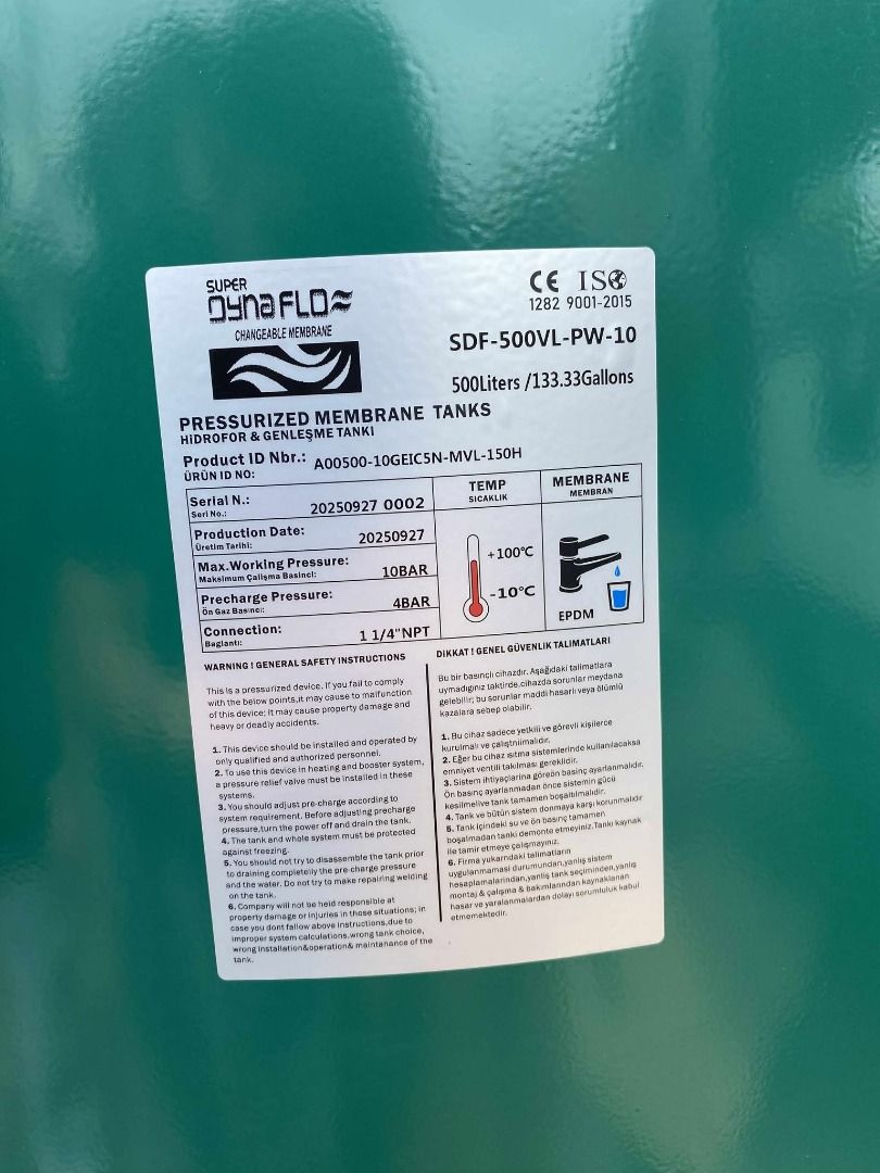 Dynaflo Bladder Tank (Category: Construction Tools & Equipment) located in Manila. Submitted by 09150361920ronvillaflor (Listing ID 1401927642, Image 3). Description: Dynaflo Bladder Tank Specs: 133.33gals replaceable model: SDF-500VL-PW-100 ₱55,000 "Welcome to Hayai Industrial tools supply corp." For inquiries 0-9-1-5-0-3-6-1-9-2-0 0-9-4-9-6-4-3-6-8-6-8 PRICE MAY CHANGE WITHOUT PRIOR NOTICE..