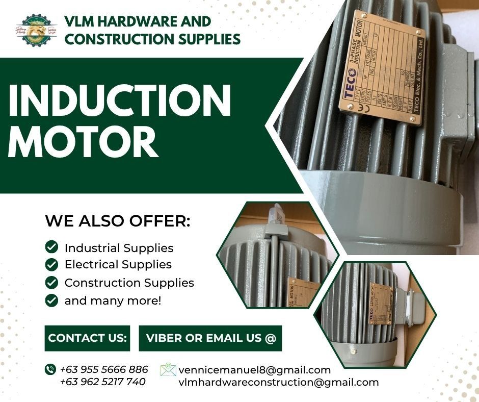 FOR SALE INDUCTION MOTOR (Category: Construction Tools & Equipment) located in Manila. Submitted by vlmhardwarevennice (Listing ID 1330220883, Image 1). Description: VLM Hardware and Construction Supplies Message and get a quote now! 📍 Office location Imus, Cavite Manila .