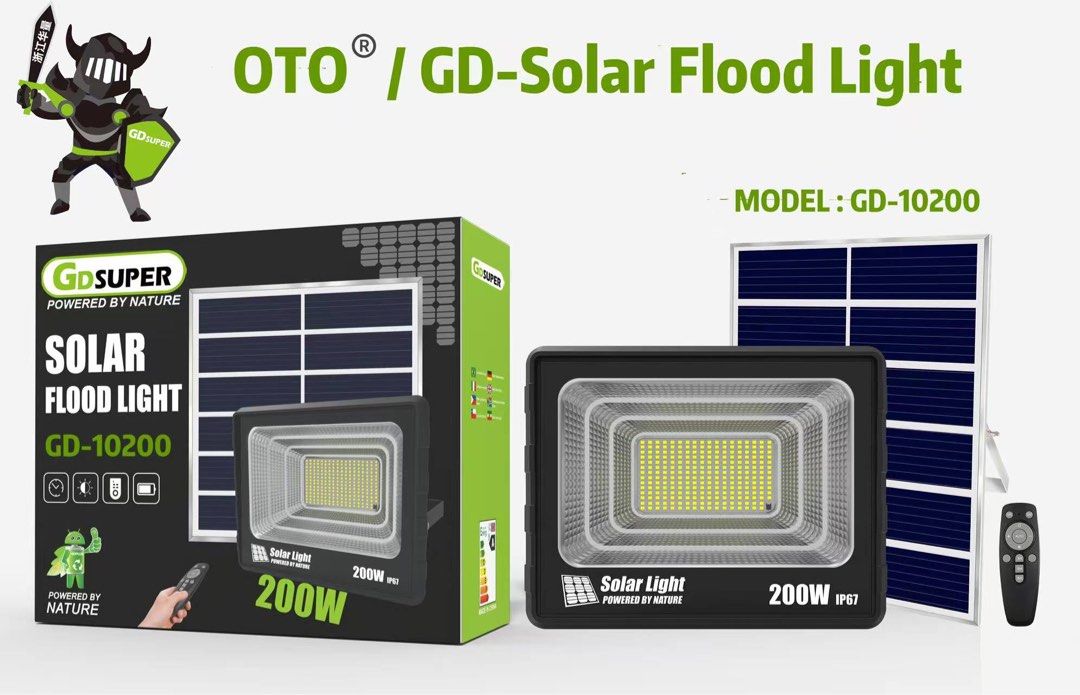 GD-Solar Flood Light GD-10200 - 200W (Category: Lighting) located in Manila. Submitted by o.t.o_solar_xinmey_lighting (Listing ID 1401968375, Image 3). Description: GD-Solar Flood Light, model GD-10200. It is a 200W solar light with an IP67 rating. The package includes the solar panel and a remote control. It is powered by nature and suitable for outdoor use. The product is from the brand GD-SUPER..