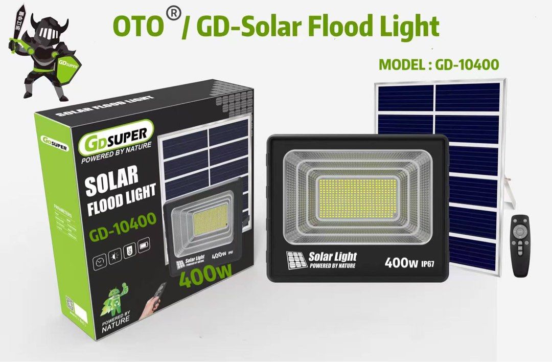 GD-Solar Flood Light GD-10400 - 400W (Category: Lighting) located in Manila. Submitted by o.t.o_solar_xinmey_lighting (Listing ID 1401976807, Image 3). Description: GD-Solar Flood Light, model GD-10400. It is a 400W solar light with an IP67 rating. The package includes the solar panel, the flood light, and a remote control. It is powered by nature..