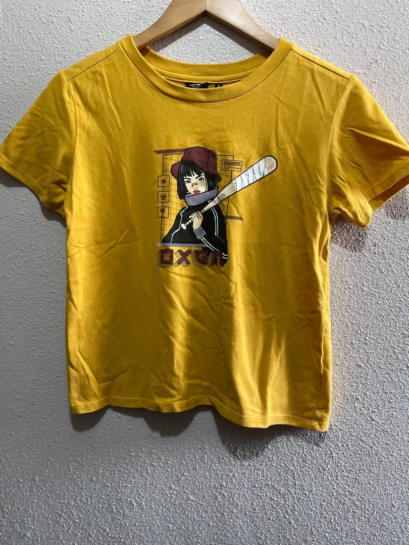 OXGN Graphic shirt (yellow) (Category: Shirts) located in Manila. Submitted by frisbeedawg (Listing ID 1401988612, Image 1). Description: Rfs: decluttering, size too small Used once No stains and discolorations, no small holes XS-S body frame.