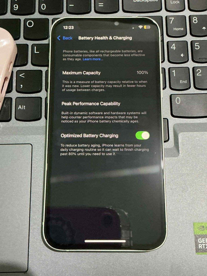 IPhone 12 - Mint Green (128 GB & 100% BH) (Category: iPhone 12 Series) located in Manila. Submitted by boldcat-9516 (Listing ID 1402065588, Image 3). Description: RFS: need funds for college ASAP - 128 GB - Battery Health = 100 - True tone - Face ID working - Any sim will do - History of repair: replaced LCD twice - No hidden issue - You can check and reset as much as you want open to meet up! delivery: lalamove or any of your choice, sf will be 
