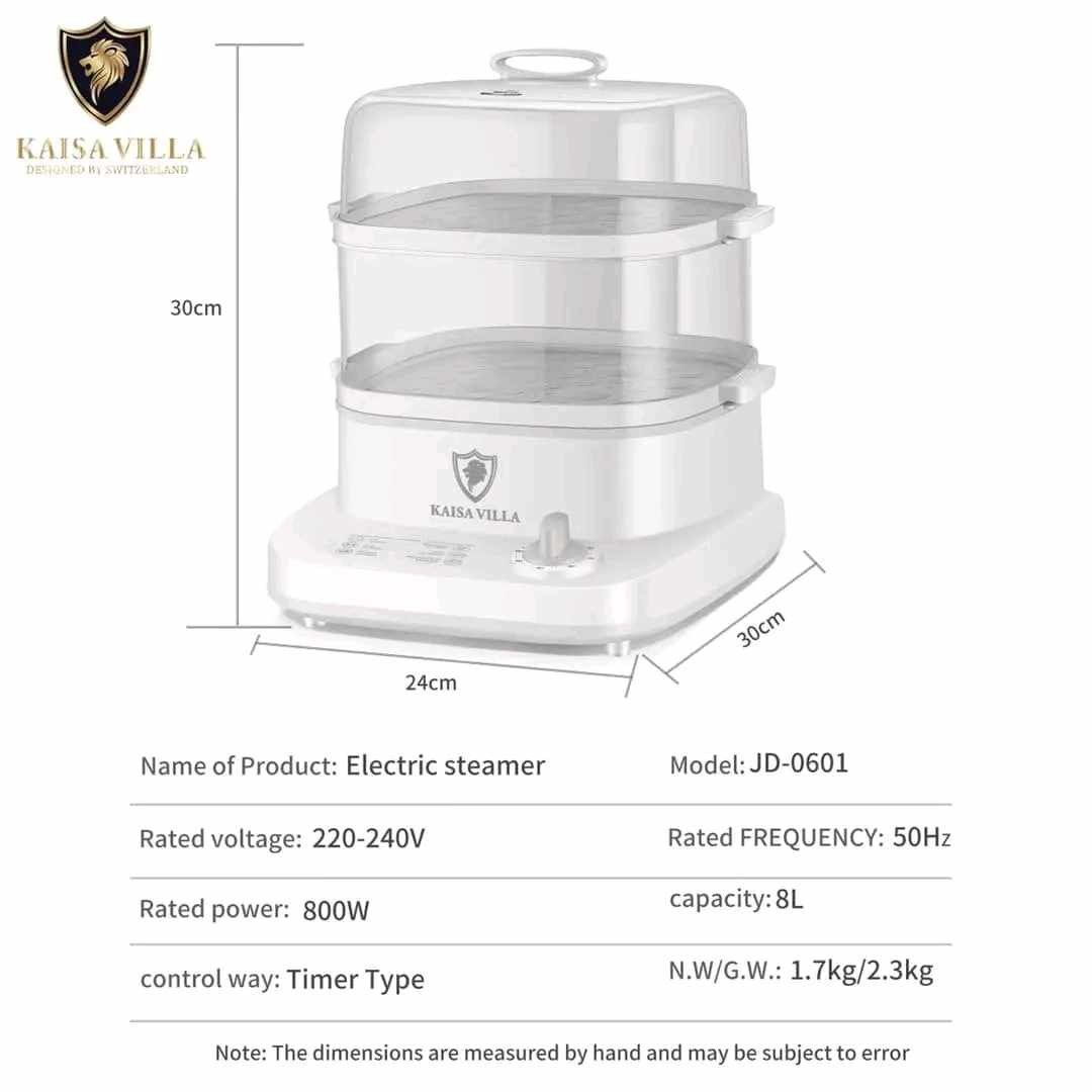 Kaisa Villa Electric Steamer JD-0601 (Category: Cookware & Accessories) located in Manila. Submitted by jelai.cybyb (Listing ID 1402043002, Image 2). Description: Kaisa Villa Electric Steamer with 8L capacity. Model JD-0601. It has a rated voltage of 220-240V and a rated power of 800W. Features a timer control type. Dimensions are 30cm x 24cm x 30cm. Includes the original box. Designed in Switzerland..