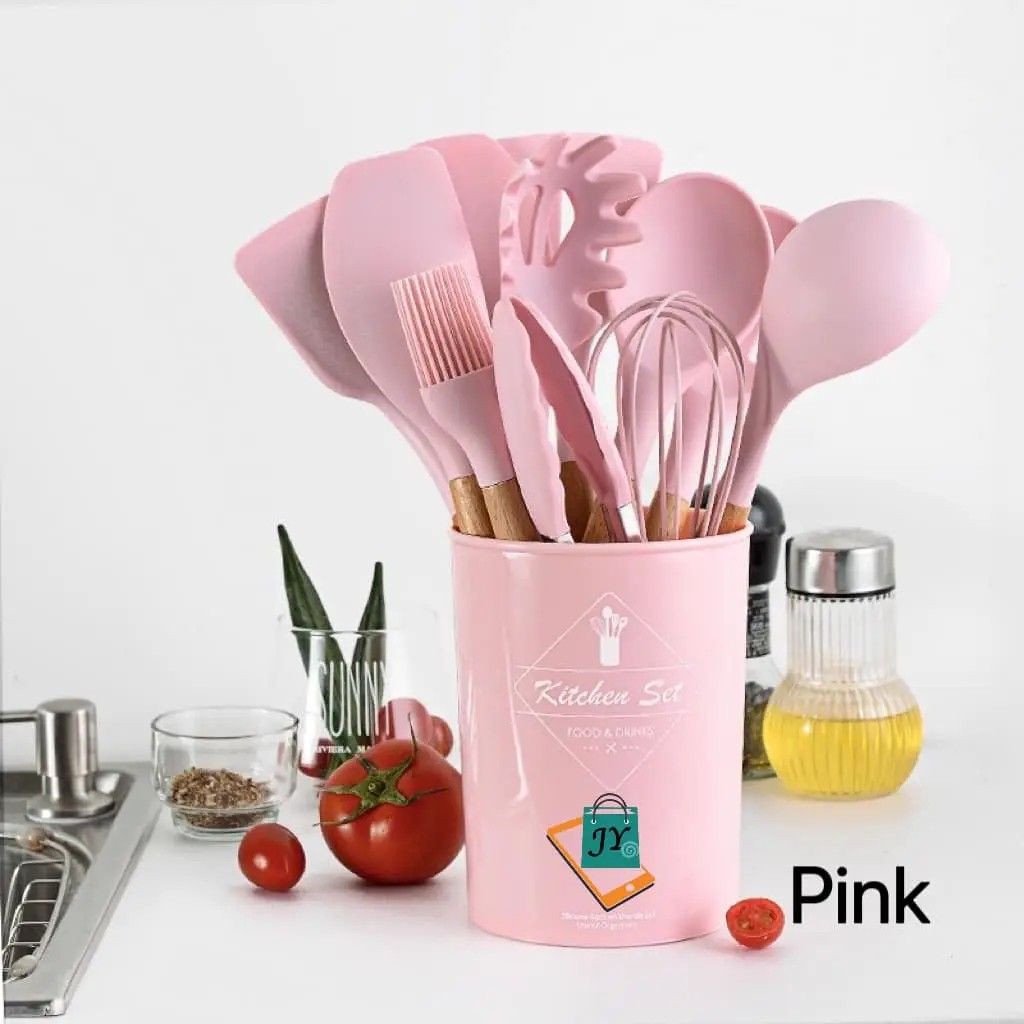 Kitchen Utensil Set with Holder (Category: Other Kitchenware & Tableware) located in Manila. Submitted by jelai.cybyb (Listing ID 1402044022, Image 3). Description: Kitchen utensil set includes various tools like spatulas, spoons, a whisk, and a brush. It comes with a holder for easy storage. Available in green, dark gray, pink, violet, and black. The utensils have wooden handles. Perfect for any kitchen..