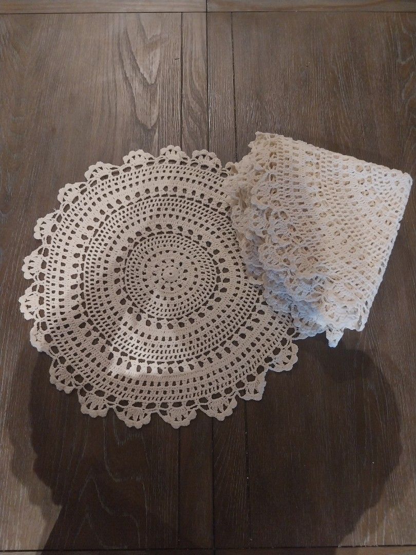 Lace Placemat Doilies (Category: Table Linen & Textiles) located in Manila. Submitted by juiceboxtrove (Listing ID 1402022469, Image 1). Description: DIAMETER 450mm -beige crochet placemat doilies -8 pcs/1 set = PHP2000 -1pc = PHP280.