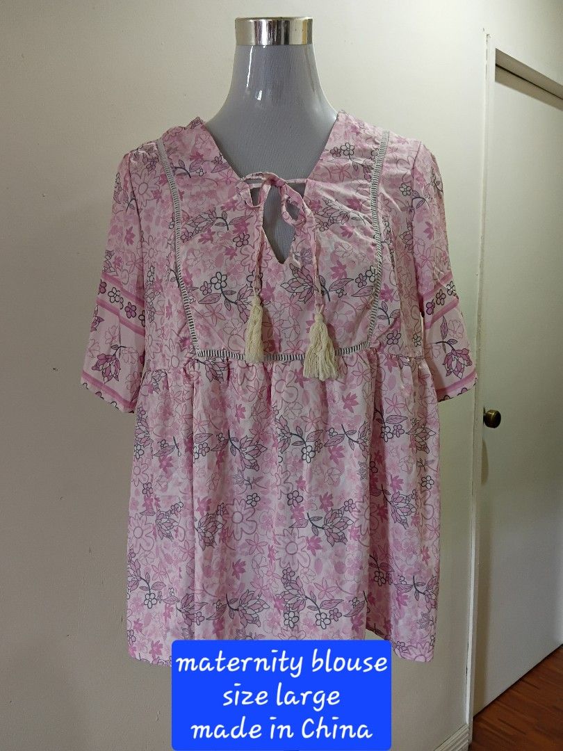 Maternity ladies' tops (Category: Maternity wear) located in Bacoor. Submitted by gbazaar (Listing ID 1401974752, Image 1). Description: Maternity ladies' tops = MISLOOK brand = pink printed floral = short sleeves = v neckline = with front strings closure = size large = cotton / polyester = made in China MOP = gcash MOD - j&t.