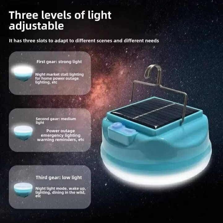 O.T.O Solar Powered LED Camping Lamp - 200W (Category: Lighting) located in Manila. Submitted by o.t.o_solar_xinmey_lighting (Listing ID 1401945632, Image 3). Description: O.T.O camping lantern features solar charging and a large capacity battery. It has a metal hook and magnetic suction for easy hanging. The sealed lamp body ensures durability. It is ideal for camping and outdoor activities. The lantern is blue and has a clear, ribbed light diff