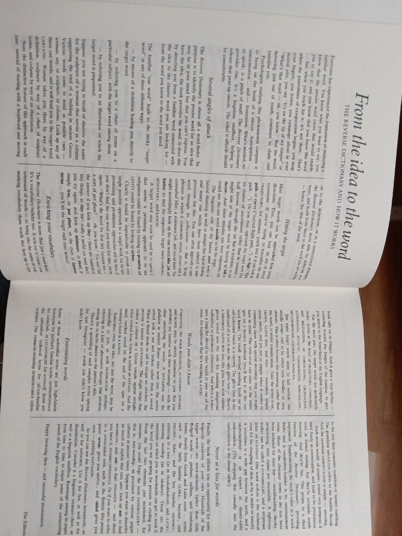 Reverse Dictionary (Category: Storybooks) located in Singapore. Submitted by birdtoy (Listing ID 1401946241, Image 2). Description: reader digest Dictionary of English how to find the words on the top of your tongue - Clean pages - Intact binding - Suitable for students and vocabulary building .