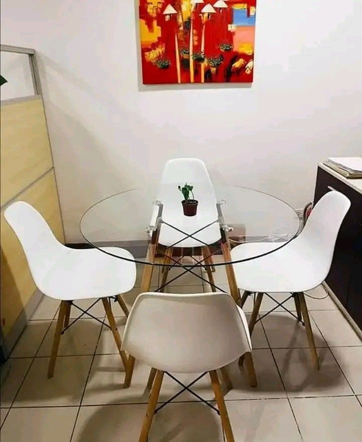 Round Glass Dining Table with Wooden Legs (Category: Tables & Sets) located in Manila. Submitted by minidivisoria (Listing ID 1402008930, Image 3). Description: Scandi Glass table round available: size 60cm size 90cm Direct message me for inquiries 📩 09674865453 .