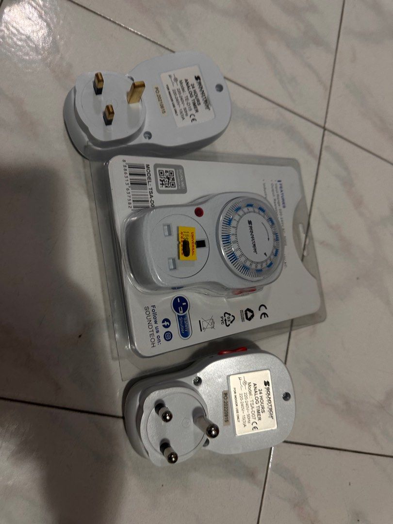 Soundtech 24 Hour Timer (Category: Electrical, Adaptors & Sockets) located in Singapore. Submitted by aungtharse72635 (Listing ID 1402021237, Image 1). Description: Brand new Soundtech 24-hour timer. Easy to use and perfect for automating your appliances. Great for energy saving and convenience. Features a 24-hour cycle and a manual override switch..