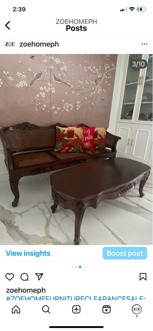 Vintage SOLID NARRA Sofa with Wicker and Coffee Table Set (Category: Tables & Sets) located in Antipolo. Submitted by mrs_rp (Listing ID 1401971248, Image 2). Description: Vintage SOLID NARRA bench and coffee table set with wicker accent True vintage that’s been fully refurbished and revarnished. Wicker accent is double: front and back. With carvings both on the bench and table. Solid, thick and heavy narra furniture pieces. Bench: 63” long x 21.