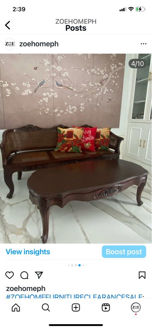 Vintage SOLID NARRA Sofa with Wicker and Coffee Table Set (Category: Tables & Sets) located in Antipolo. Submitted by mrs_rp (Listing ID 1401971248, Image 3). Description: Vintage SOLID NARRA bench and coffee table set with wicker accent True vintage that’s been fully refurbished and revarnished. Wicker accent is double: front and back. With carvings both on the bench and table. Solid, thick and heavy narra furniture pieces. Bench: 63” long x 21.