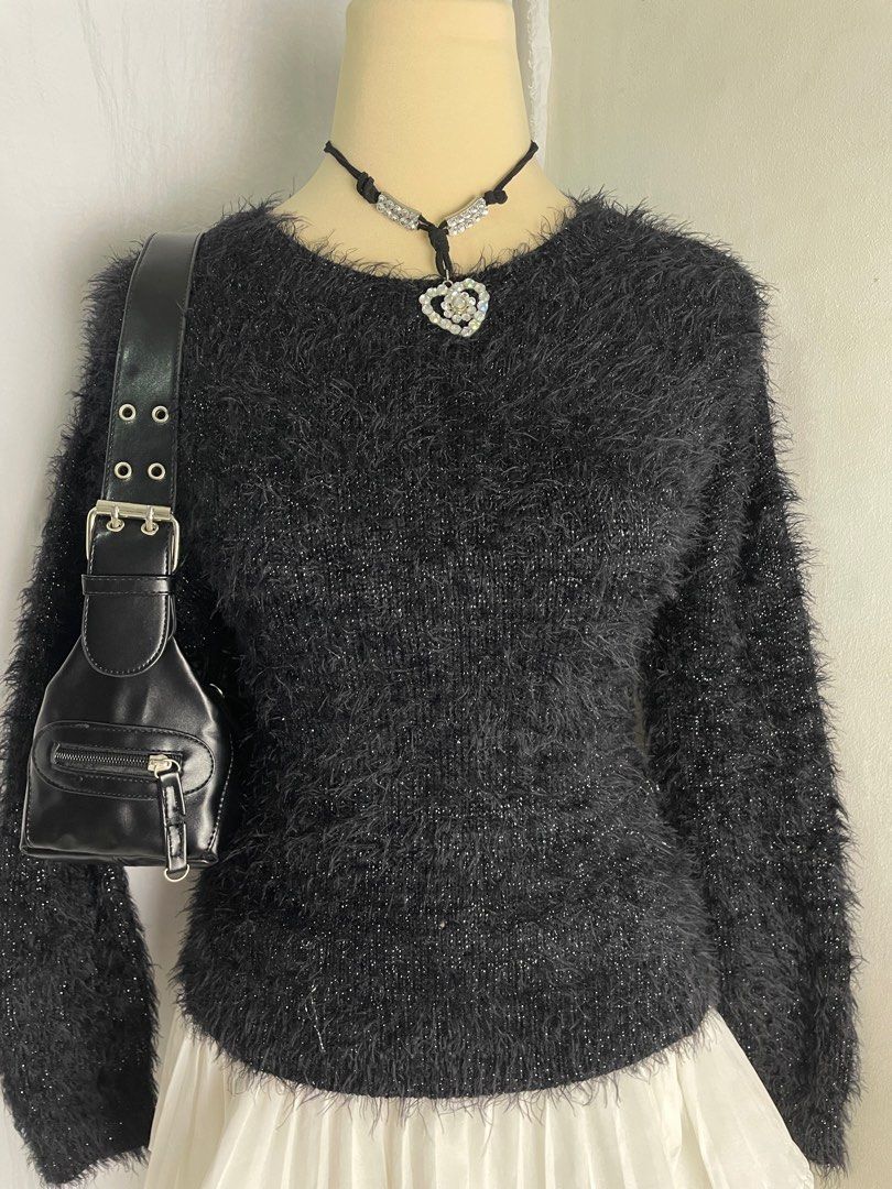 Yessica Black Fuzzy Sweater (Category: Coats, Jackets and Outerwear) located in Mabalacat. Submitted by r__3ft (Listing ID 1402096786, Image 3). Description: —code: yessi (s-m | stretchable) ♡ mine: ₱499 noties: fuzzy and soft texture .