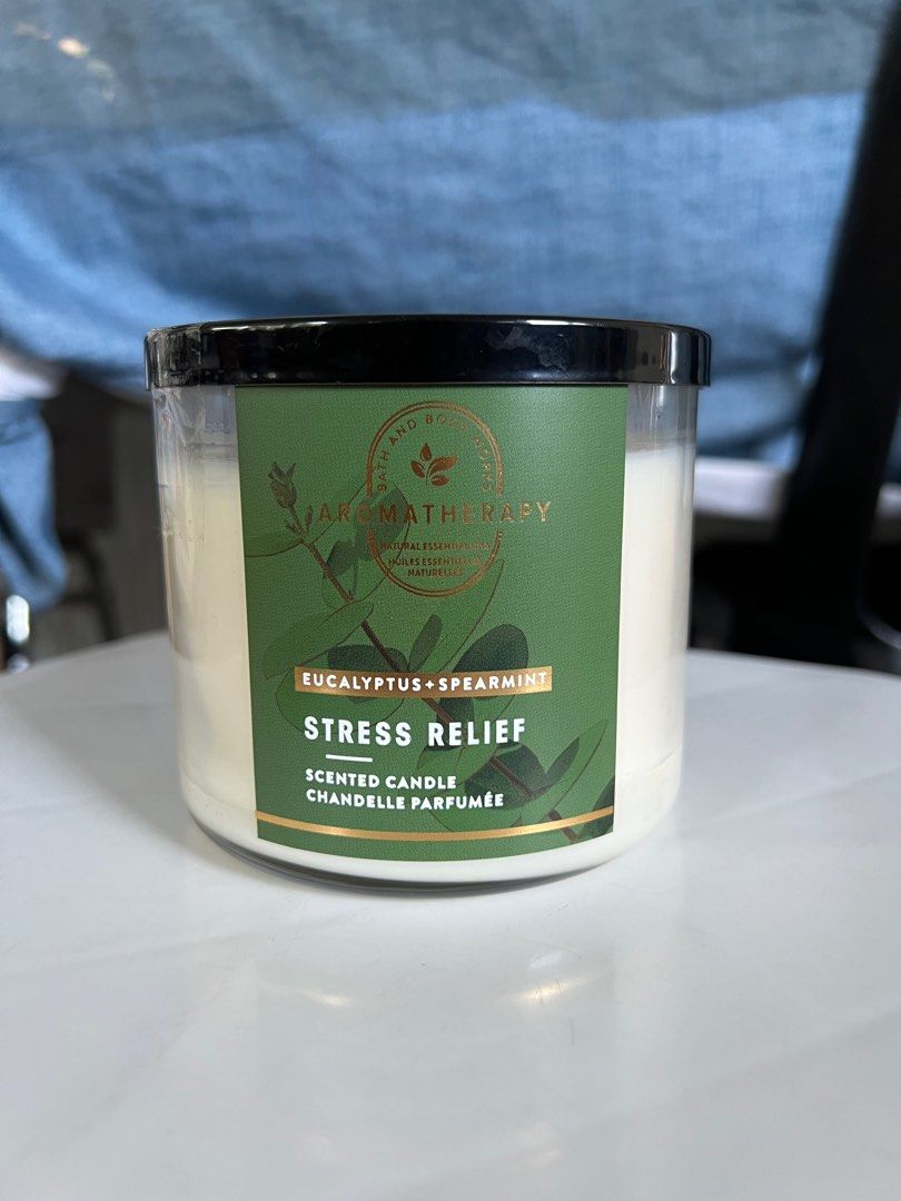 Bath & Body Works Stress Relief Candle (Category: Home Fragrance) located in Las Pinas. Submitted by bitsnfinds (Listing ID 1407040965, Image 1). Description: Brand new three wick Bath & Body Works aromatherapy candle is designed for stress relief. It features the Eucalyptus Spearmint scent. It is a scented candle, perfect for creating a relaxing atmosphere..