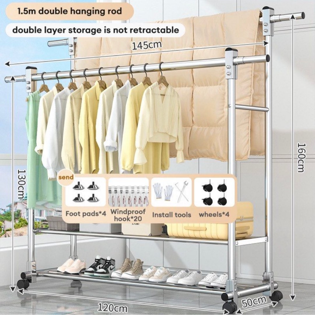 Double Layer Clothes Rack with Wheels, Furniture & Home Living, Home ...