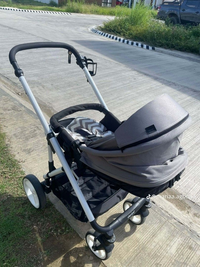 Elenire Baby Stroller (Category: Strollers) located in Pateros City. Submitted by DreiMar (Listing ID 1407027229, Image 3). Description: - Elenire stroller - Grey canopy - Patterned seat - Spacious storage basket - Comfortable seat with safety harness - Sleek design with white and black accents (Twice used) original Price ₱3,500.