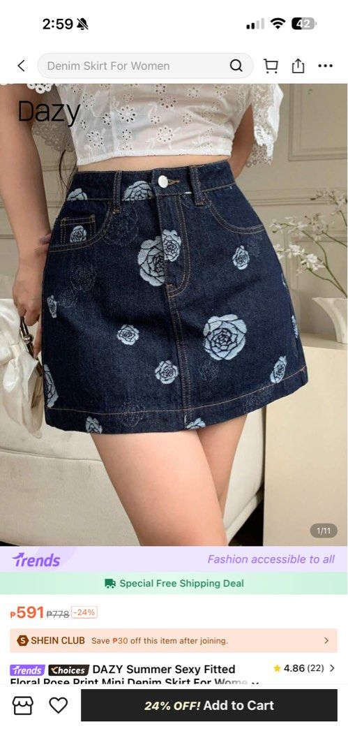 Floral Denim Skirt (Category: Sets or Coordinates) located in Bacoor. Submitted by lushexchange (Listing ID 1407061688, Image 1). Description: - Ideal for casual outings - waist 27 - hip 37 Worn once .