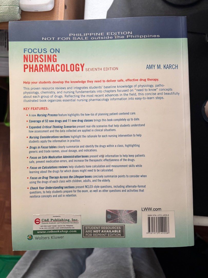 Focus on Nursing Pharmacology 7th Edition (Category: Textbooks) located in Manila. Submitted by ernjjj (Listing ID 1407037851, Image 2). Description: Original Book.