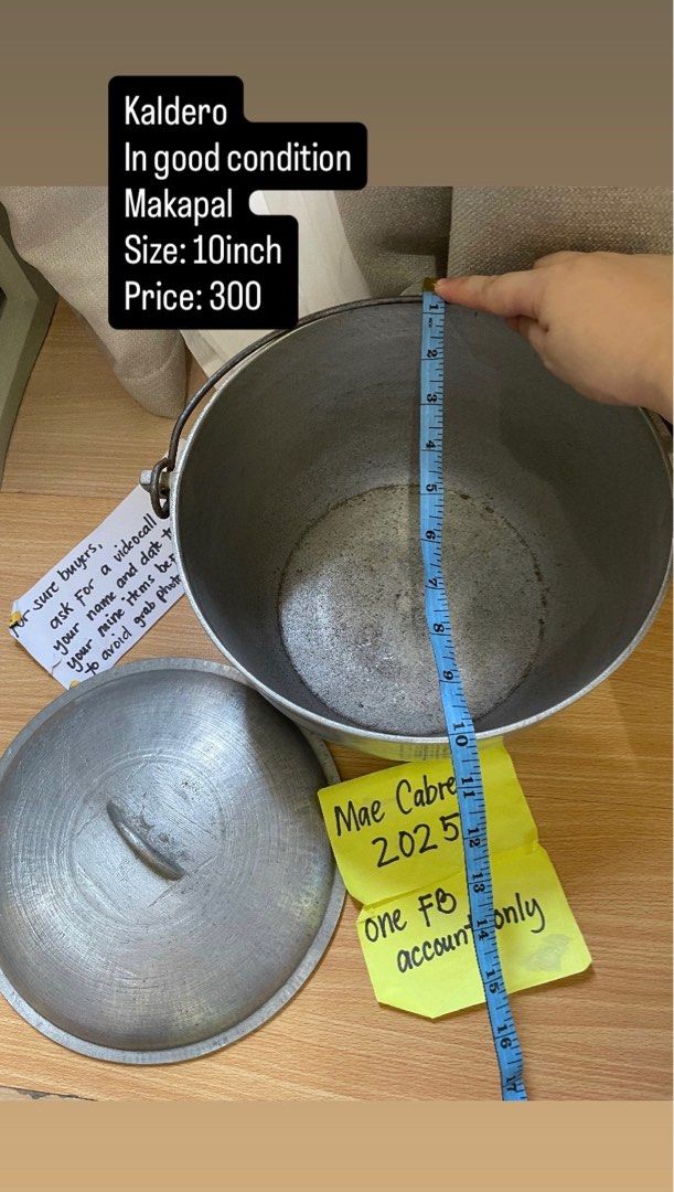 KALDERO (6.5 INCH / 10 INCH) (Category: Cookware & Accessories) located in Paranaque City. Submitted by maemae30 (Listing ID 1407023296, Image 1). Description: For Sale: Kaldero In good condition Makapal Size: 10inch Price: 300 Kaldero Size: 6.5 inch Price: 200 Location: paranaque Ship: via lalamove, jnt (for items up to large pouch) or pick up.