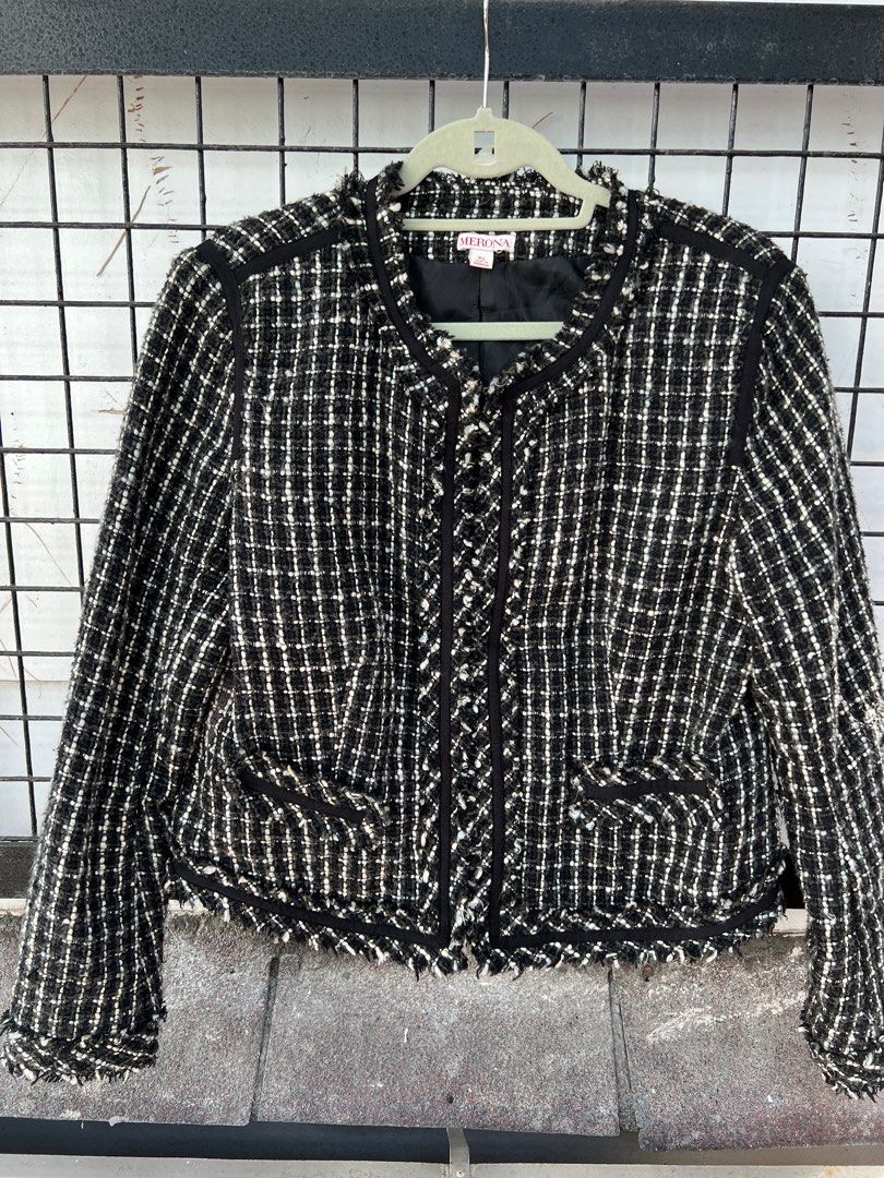 Merona Tweed Jacket (Category: Coats, Jackets and Outerwear) located in Santa Rosa. Submitted by aaroncabanting (Listing ID 1407106662, Image 1). Description: - Merona tweed jacket - Classic black and white checkered pattern - Features a round neckline - Includes two front pockets - Fringed hem detail - Button closure - Fully lined for comfort - Adds a touch of sophistication W:20 L:23.