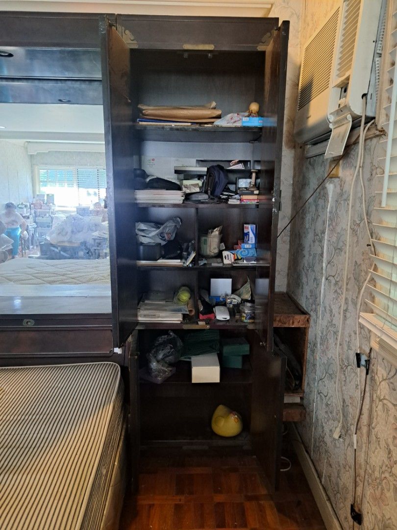 Oriental Bed Frame w/ Cabinets (Category: Bed Frames & Mattresses) located in Makati City. Submitted by corglee (Listing ID 1407038563, Image 3). Description: ☆☆ Antique Bed Frame w/ Built with ●2 cabinets on each side ●2 pull out compartments in middle section ●Mirror Imported from USA ●Condition: Very good w/ very minor scratches ●Material: Solid Mahogany Wood ●Dimensions: L147 x W18 X H81 in. ●Mattress: Restopedic KING Size 205 x 202 x H20 cm 
