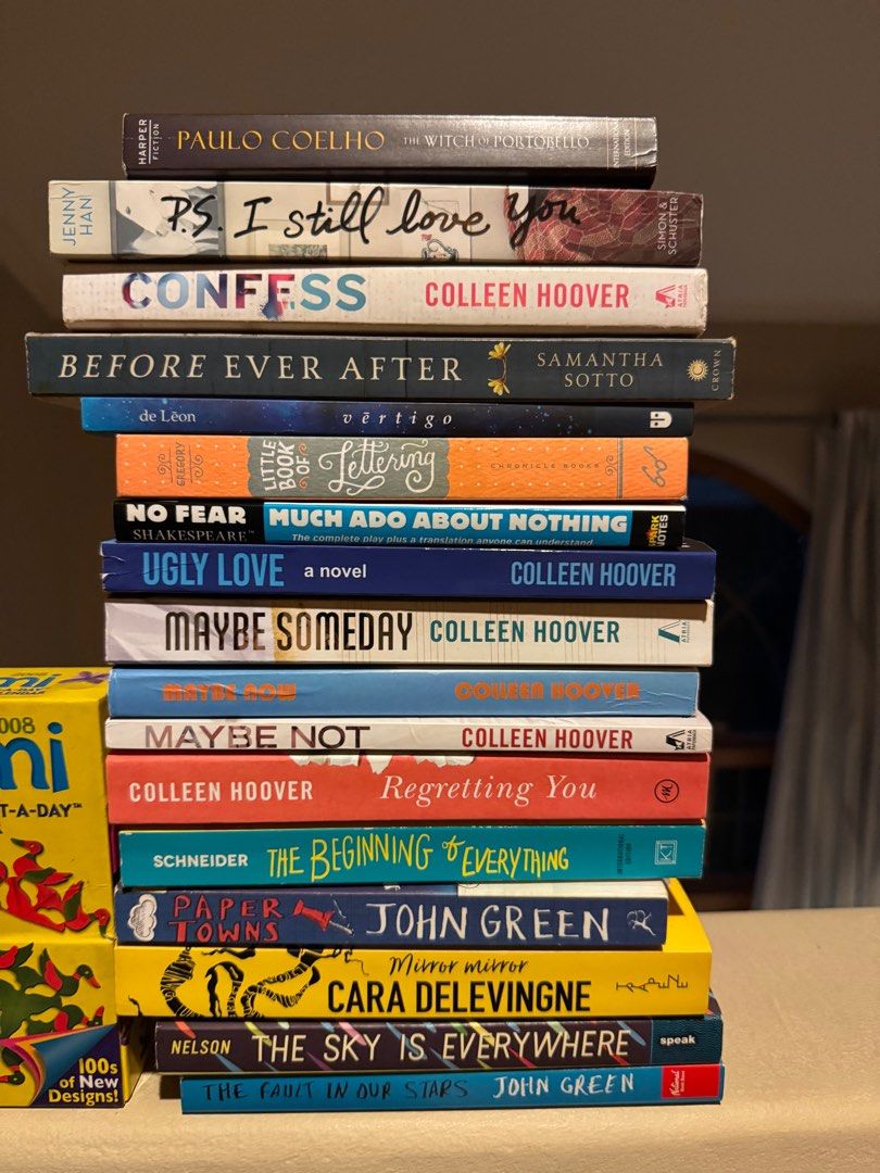 Preloved Book Bundle (Mostly Fiction) (Category: Storybooks) located in Quezon City. Submitted by mp_declutters (Listing ID 1407100014, Image 1). Description: 150 per book if you get 2+ The Witch of Portobello – Paulo Coelho 2. P.S. I Still Love You – Jenny Han 3. SOLD Confess – Colleen Hoover 4. Before Ever After – Samantha Sotto 5. The Little Book of Lettering – Chronicle Books 6. SOLD Much Ado About Nothing (No Fear Shakespeare edition) 7. Ugl
