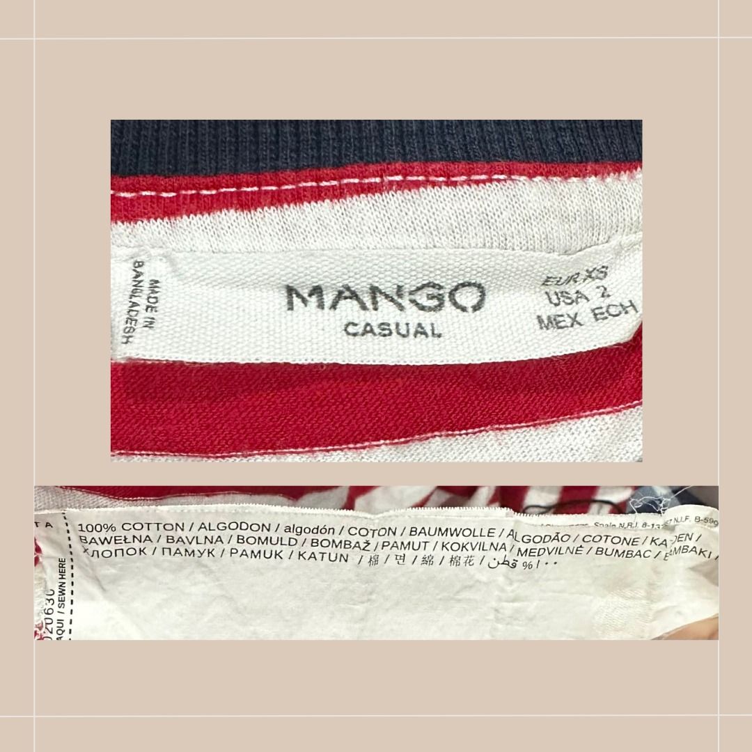 Pre-loved Mango Casual Striped T-shirt (Category: Shirts) located in Quezon City. Submitted by simpleretiree (Listing ID 1407133377, Image 3). Description: This pre-loved Mango Casual striped t-shirt is still in good condition. Its features are as follows: - Red and white striped pattern - Navy blue neckline - Size: EUR XS, USA 2, MEX ECH - Material: 100% cotton - Made in Bangladesh.
