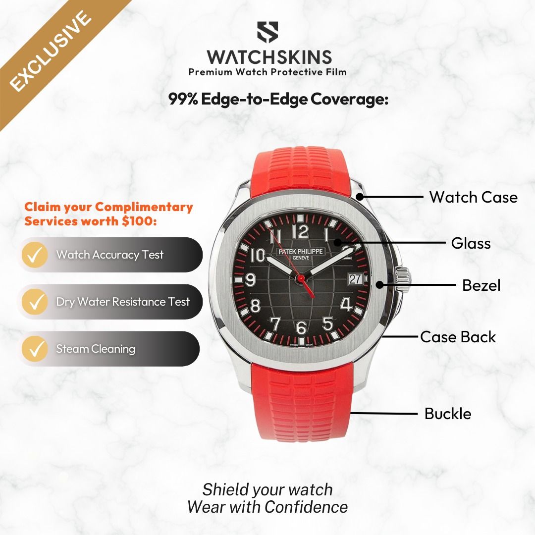 Watchskins Patek Philippe Aquanaut Protection Film | 5167A-012 SG Limited Edition | 3M TPU Ultra Clear | 99.9% Edge-to-Edge | Laser-Cut Singapore (Category: Watches) located in Singapore. Submitted by watchskinssg (Listing ID 1401266498, Image 2). Description: 3M TPU watch protection film for the Patek Philippe Aquanaut 5167A-012 SG Limited Edition. Laser-cut in Singapore. 99.9% edge-to-edge coverage. The film is there. The watch looks like it is