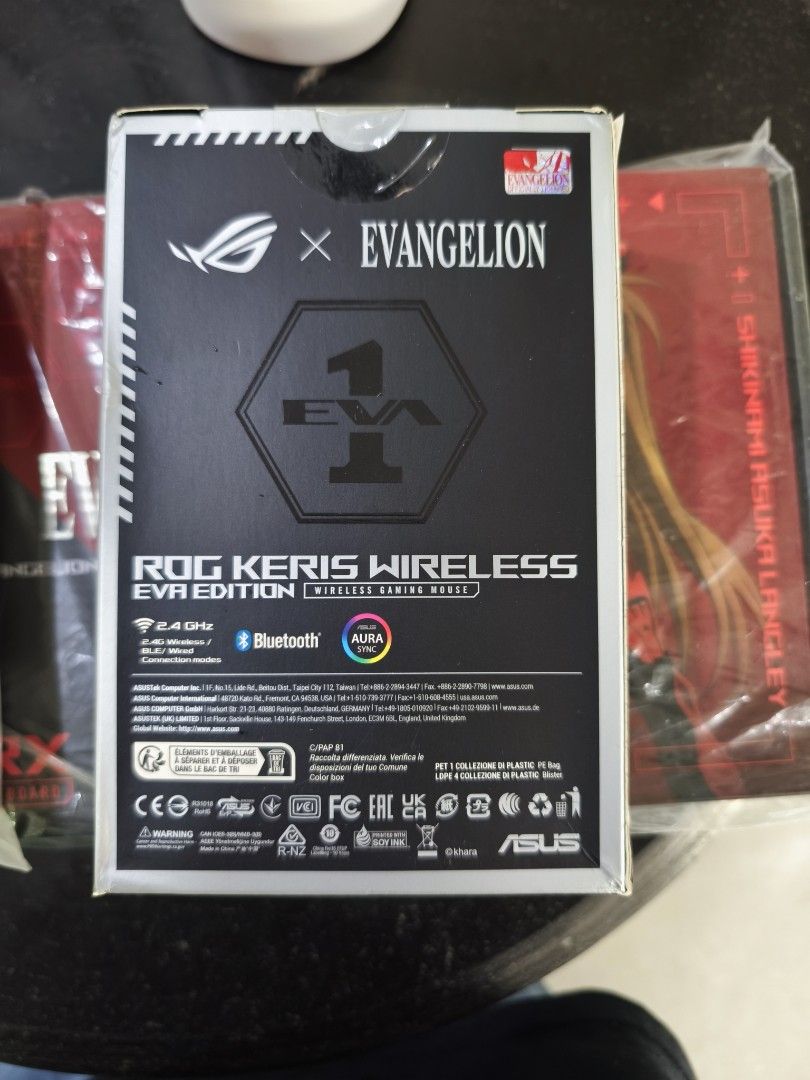 ROG Keris Wireless EVA Edition Gaming Mouse (Category: Mouse & Mousepads) located in San Ildefonso. Submitted by migz02181987 (Listing ID 1406999091, Image 3). Description: - ROG Keris Wireless EVA Edition gaming mouse - Wireless: 2.4 GHz and Bluetooth - Aura Sync RGB lighting - Evangelion collaboration design - Wireless gaming mouse.