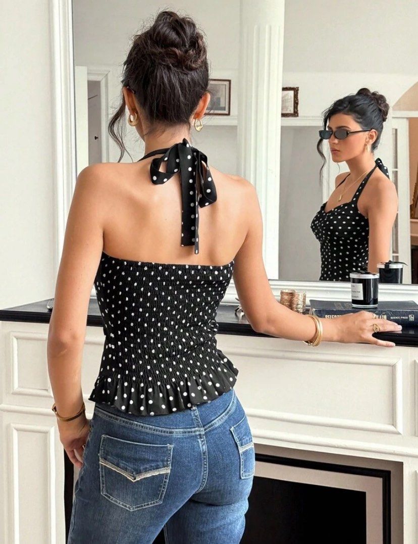 Shein Polka Dot Halter Top (Category: Sleeveless) located in Navotas City. Submitted by PATTY (Listing ID 1407181709, Image 2). Description: Brandnew! Super pretty & High Quality Size: Small Mop: Gcash Mod: GGX, Flash Express, Lalamove, LBC.