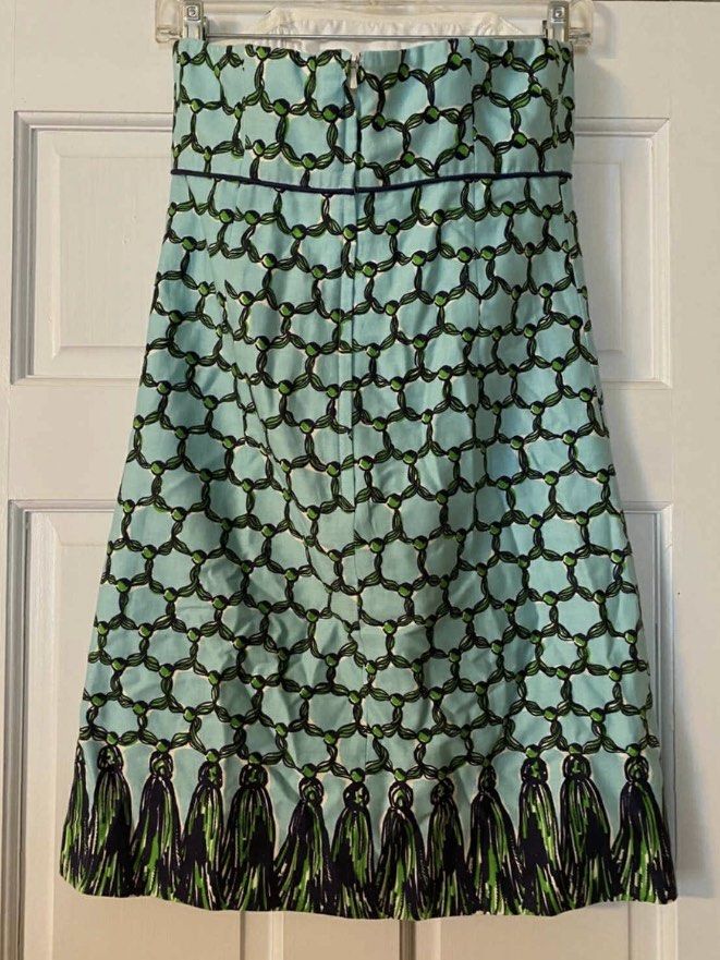 Strapless Tassel Print Dress (Category: Dresses) located in Cebu City. Submitted by declutter_ysh (Listing ID 1407065605, Image 2). Description: Strapless dress with unique print and tassel hem. Light blue with green and navy accents. Lightweight fabric, perfect for warm weather. Zipper closure..