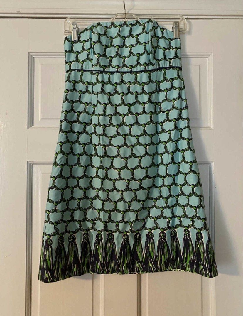 Strapless Tassel Print Dress (Category: Dresses) located in Cebu City. Submitted by declutter_ysh (Listing ID 1407065605, Image 1). Description: Strapless dress with unique print and tassel hem. Light blue with green and navy accents. Lightweight fabric, perfect for warm weather. Zipper closure..