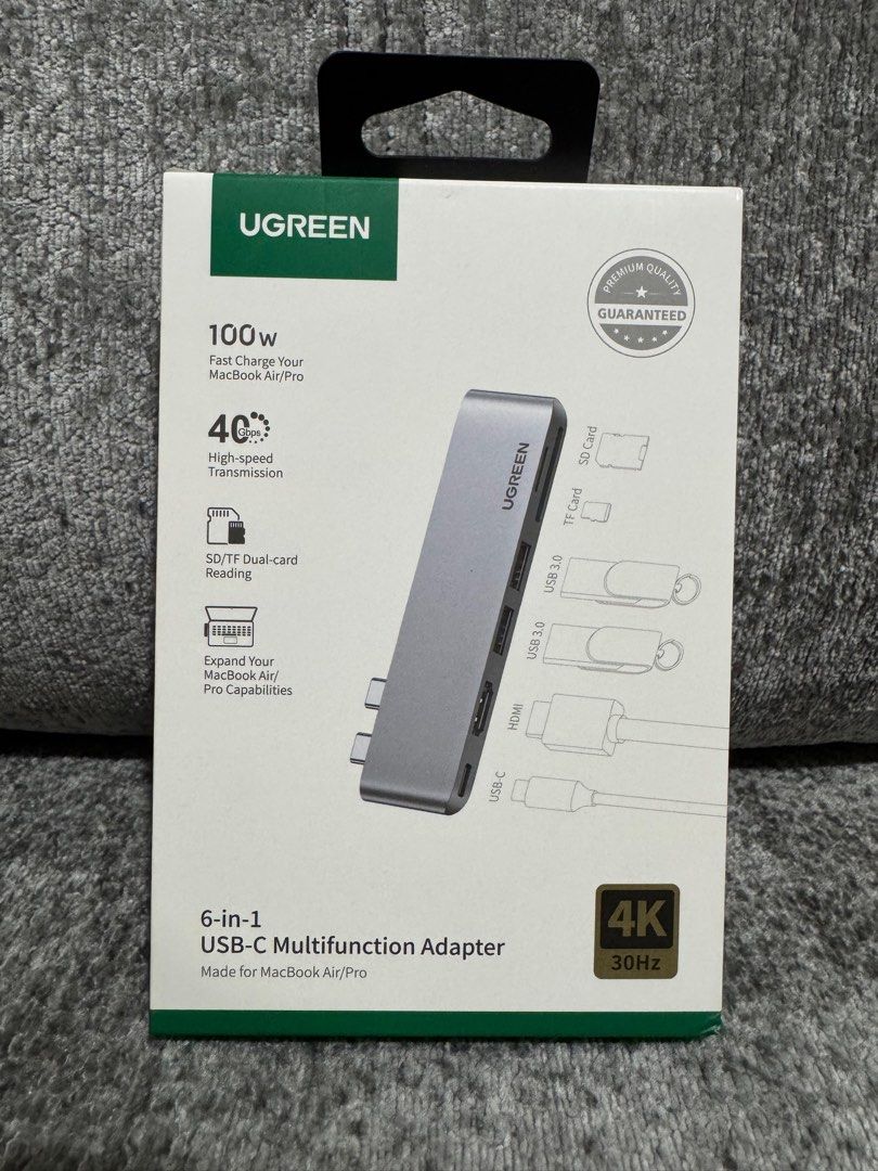 UGreen 6-in-1 USB-C Multifunctional Adapter (Grey) (Category: Cables & Adaptors) located in Makati City. Submitted by jc.cuerdo (Listing ID 1407178987, Image 1). Description: UGreen 6-in-1 USB-C Multifunctional Adapter (Grey) 6-in-2 USB C Hub for Macbook Air 2021/2020/2019/2018/M1, Macbook Pro 2022/2021/2020/2019/2018/2017/M1 One for All One USB C port is a Thunderbolt 3 port that supports 100W PD charging, 40Gbps transferring data, 6K video outp