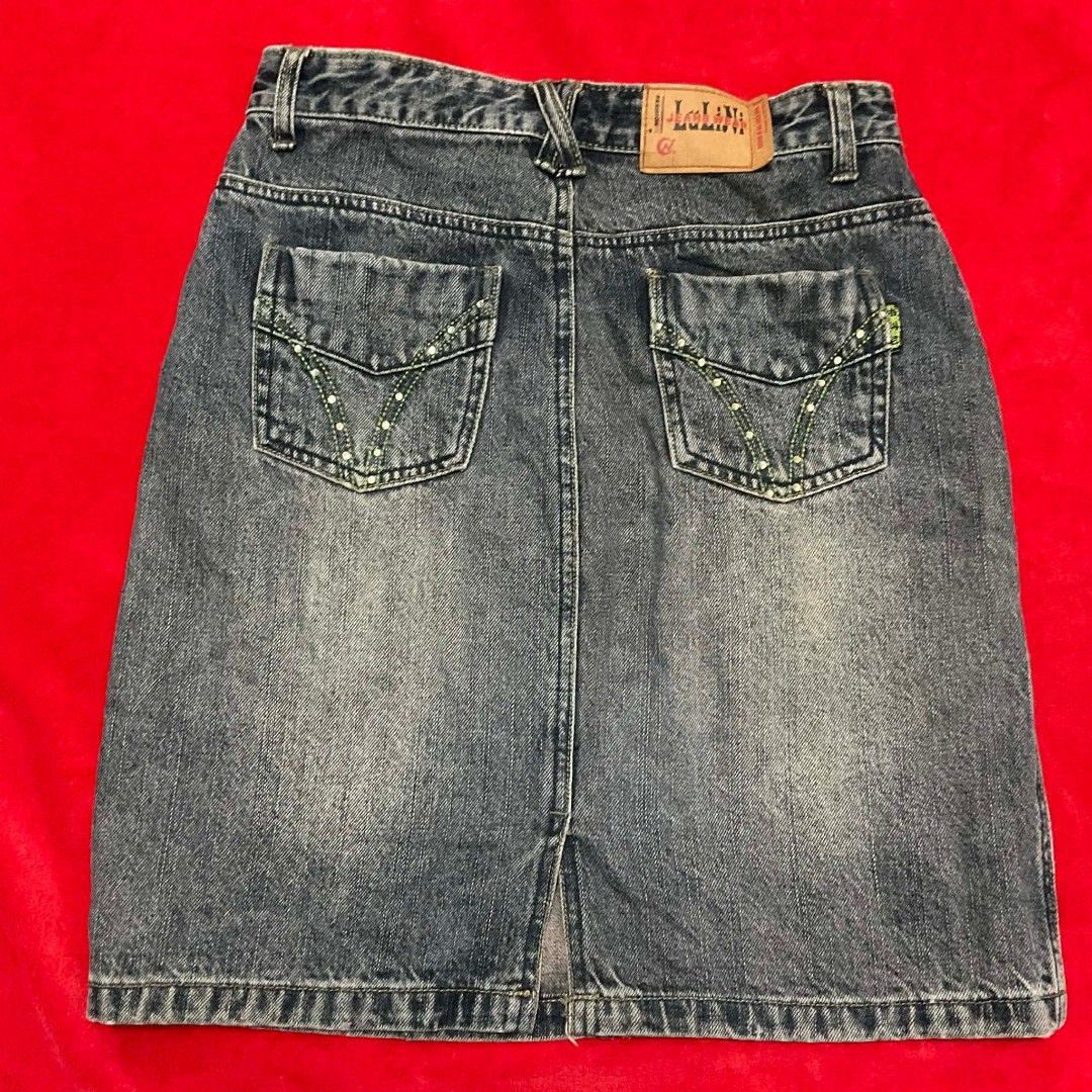 Vintage Style Denim Skirt (Category: Skirts) located in Manila. Submitted by amari3270 (Listing ID 1407009732, Image 2). Description: - Lolita Jeans denim skirt - Classic design - Medium wash - Front and back pockets - Rhinestone embellishments on pockets - Button and zipper closure - Back slit for ease of movement - Size 26-27.