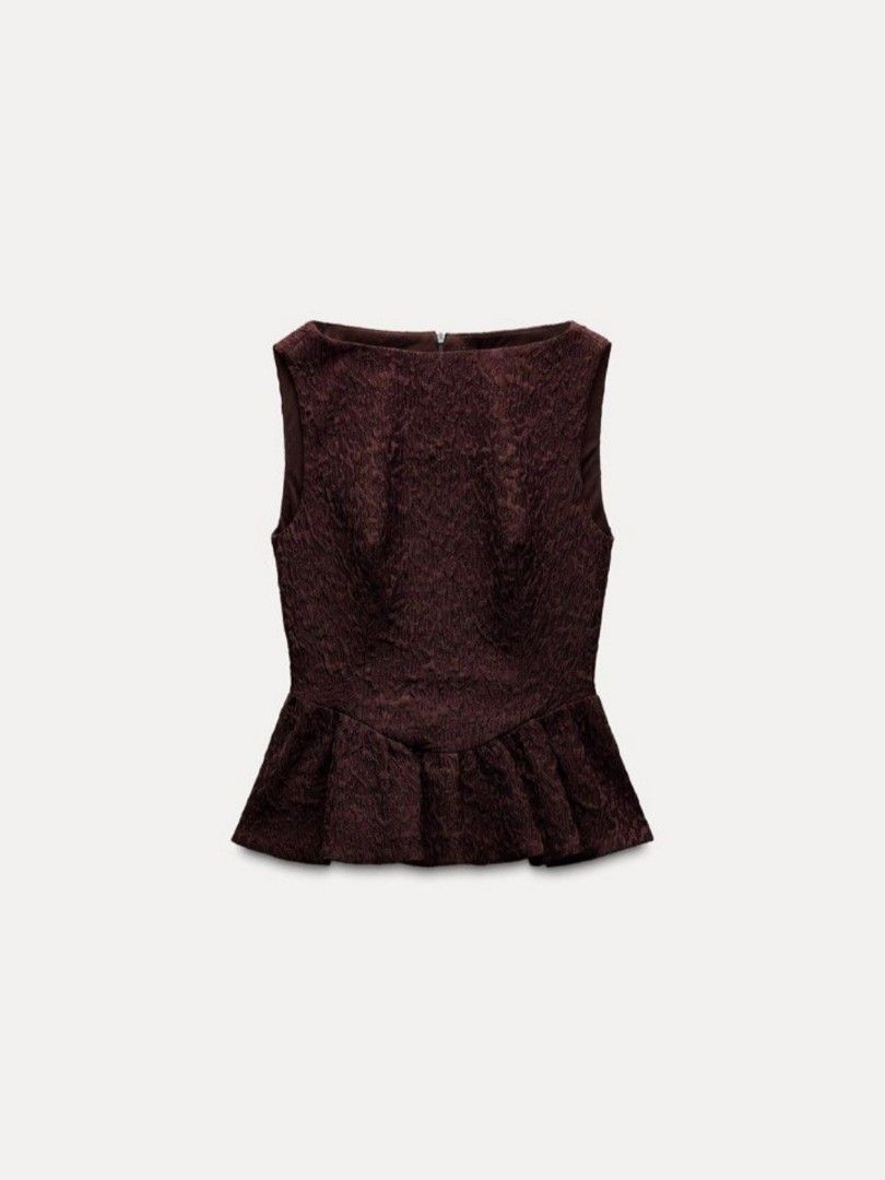 Zara Jacquard Brown Peplum (Category: Sleeveless) located in Pagsanjan. Submitted by decluttersaur (Listing ID 1407042320, Image 1). Description: bnwot, unused xs on tag no flaws last price alr ‼️KINDLY READ‼️ - accepting payment thru gcash only - no cod - shipping via J&T (price starts at 75) - no rush shipping - no ww pics unless uploaded - no return / exchange of items - no cancellations.